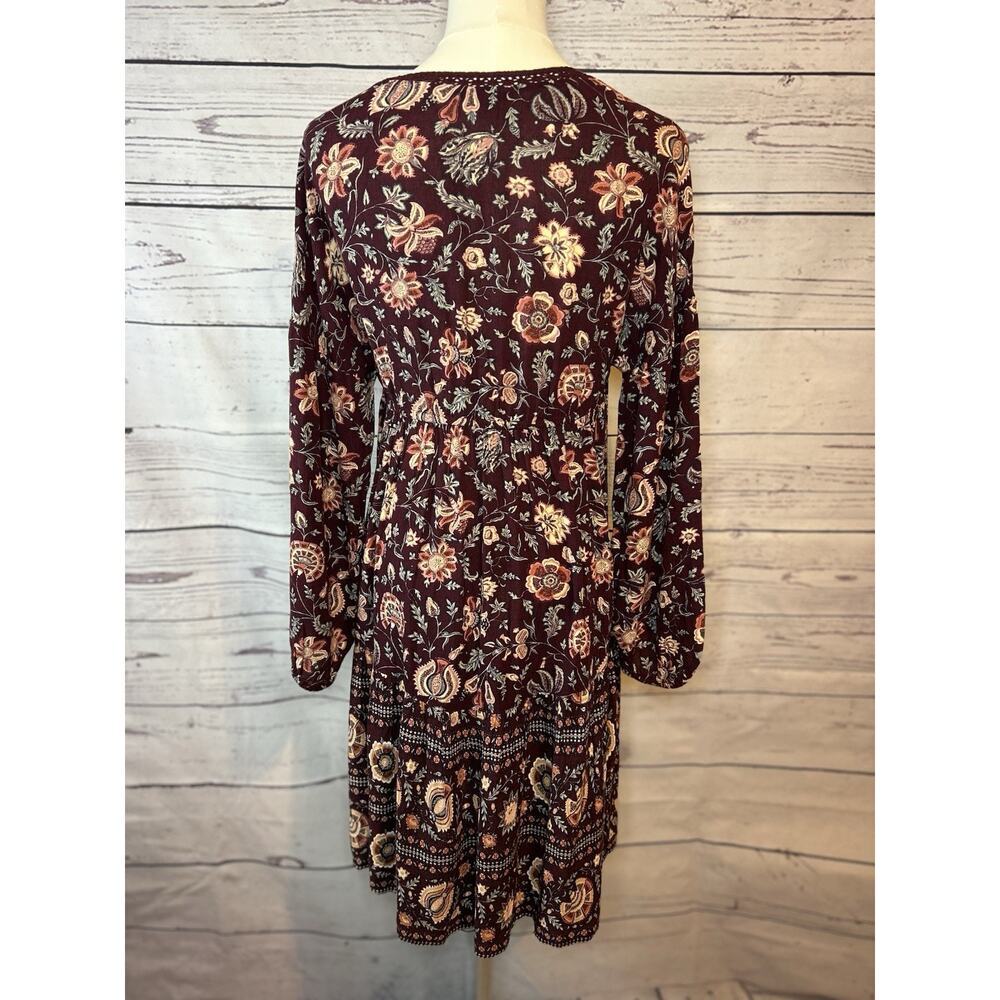 American Eagle Boho Floral Peasant Dress Small Burgundy Long Sleeve Crochet Neck - Picture 4 of 6